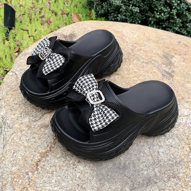 Plateau Chunky Damen Clogs in Schwarz mit Schleife