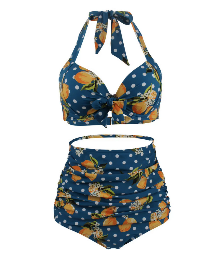 Pin Up Style Halterneck Bikini 2025 Tula Plissiert in Blau mit Zitronen