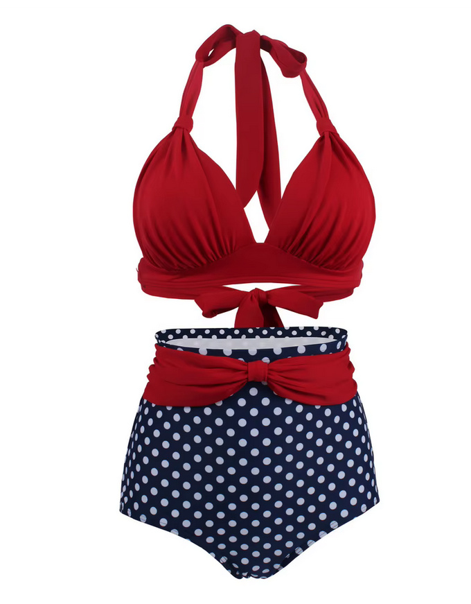 Pin Up Style Halterneck Bikini 2025 Tula Plissiert in Rot Blau Gepunktet
