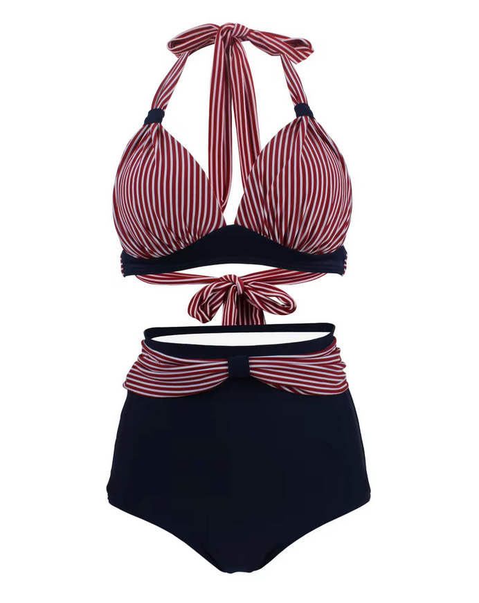 Pin Up Style Halterneck Bikini 2025 Tula Plissiert in Schwarz Rot Gestreift