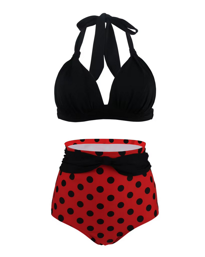 Pin Up Style Halterneck Bikini 2025 Tula Plissiert in Schwarz Rot Gepunktet