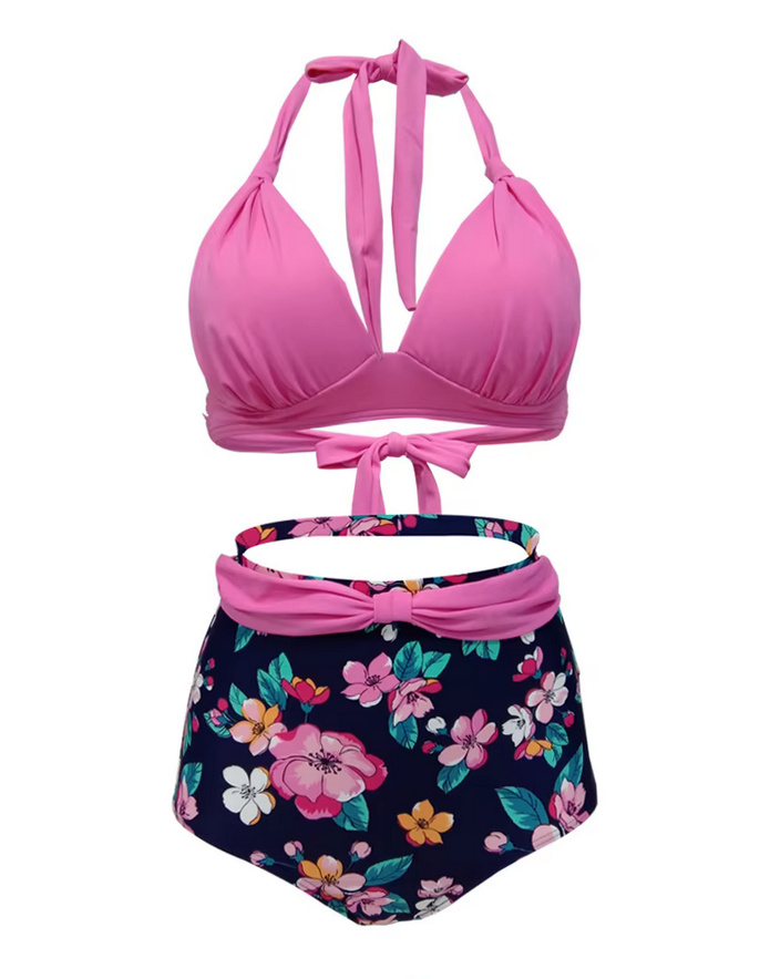 Pin Up Style Halterneck Bikini 2025 Tula Plissiert in Pink mit Blumenmuster