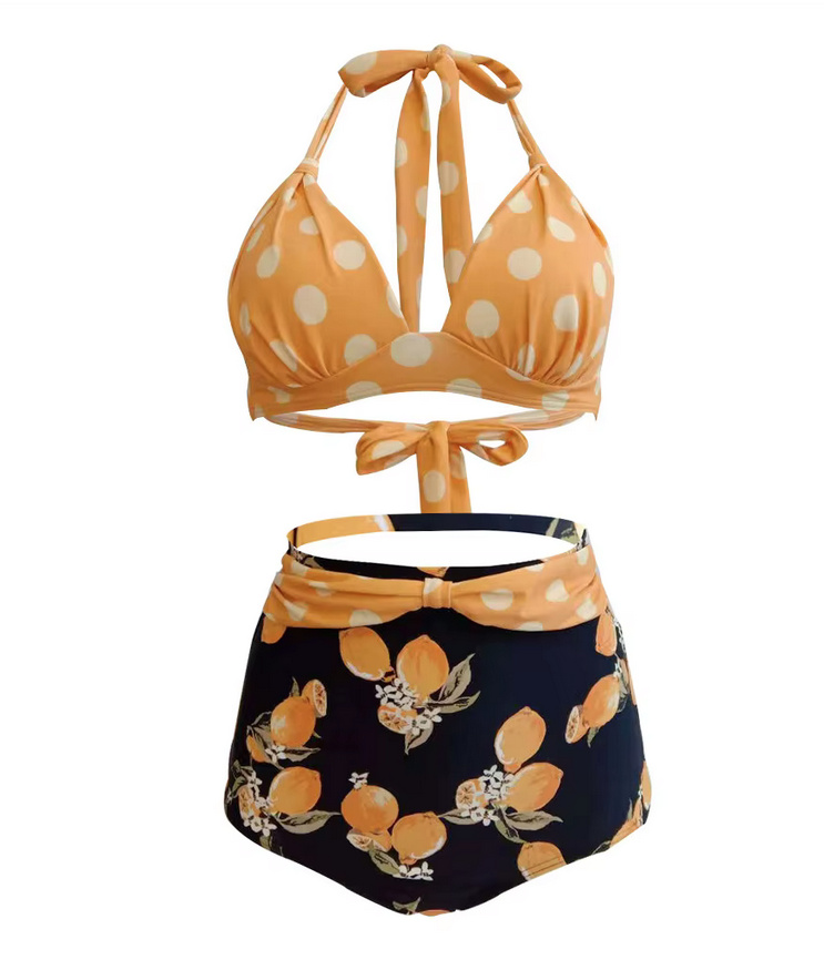 Pin Up Style Halterneck Bikini 2025 Tula Plissiert in Gelb mit Zitronen