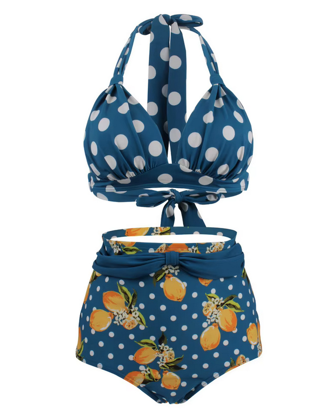 Pin Up Style Halterneck Bikini 2025 Tula Plissiert in Blau mit Zitronen