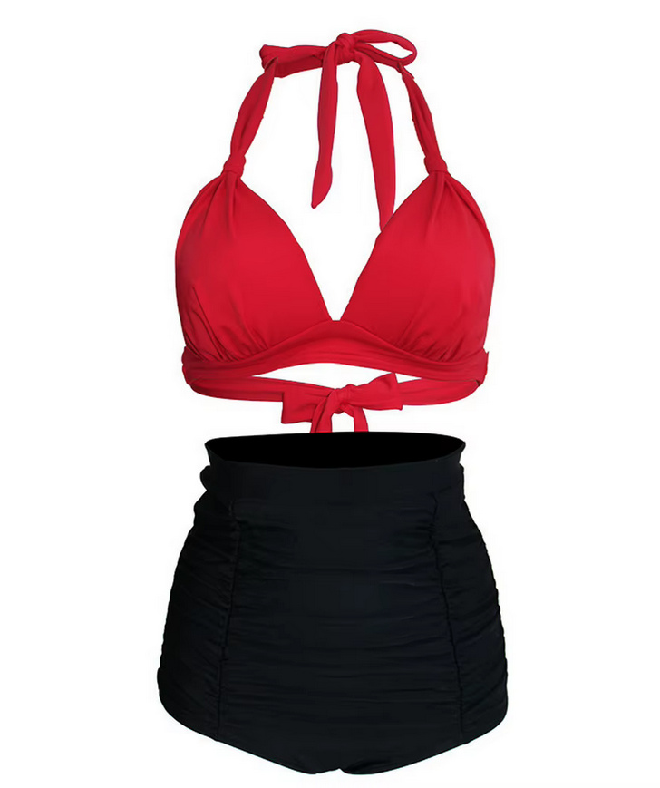 Pin Up Style Halterneck Bikini 2025 Tula Plissiert in Rot Schwarz