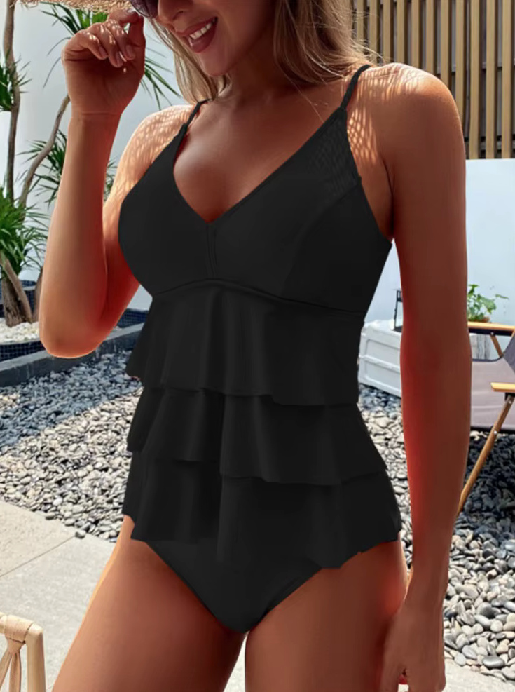 Damen Tankini 2025 Tinke mit Rüschen in Schwarz 