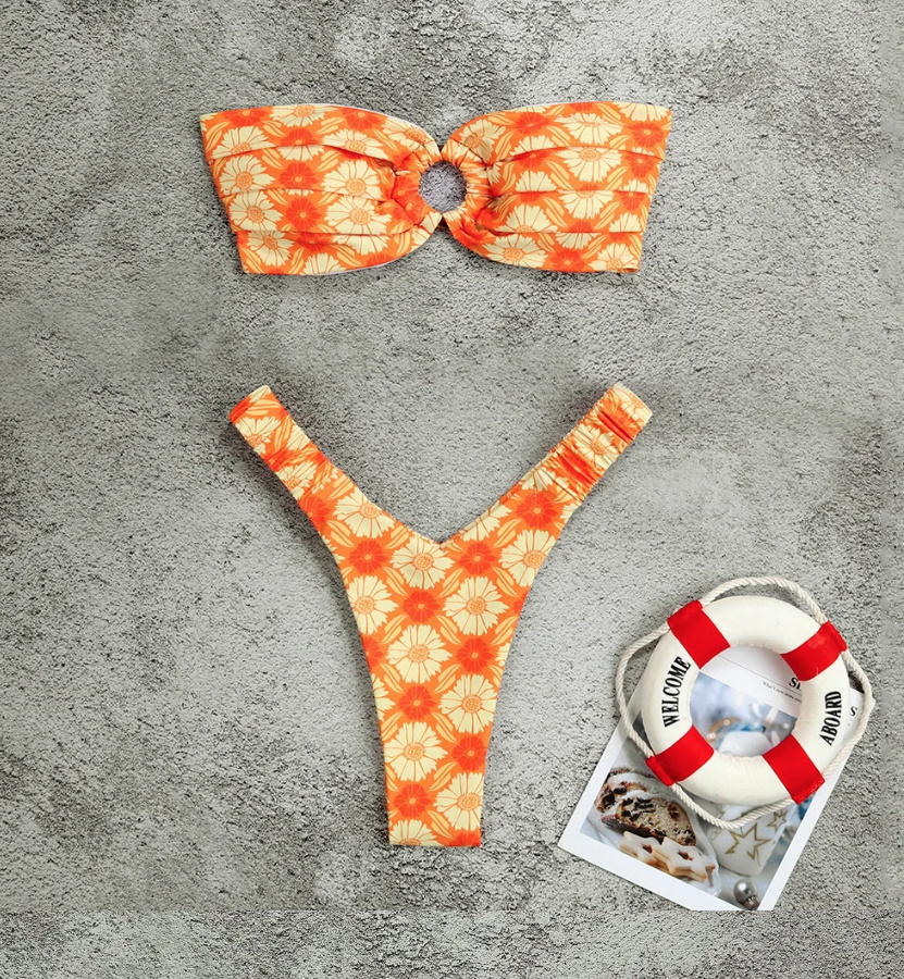 Bandeau Brasilianischer Bikini zum Binden in Orange mit Blumen