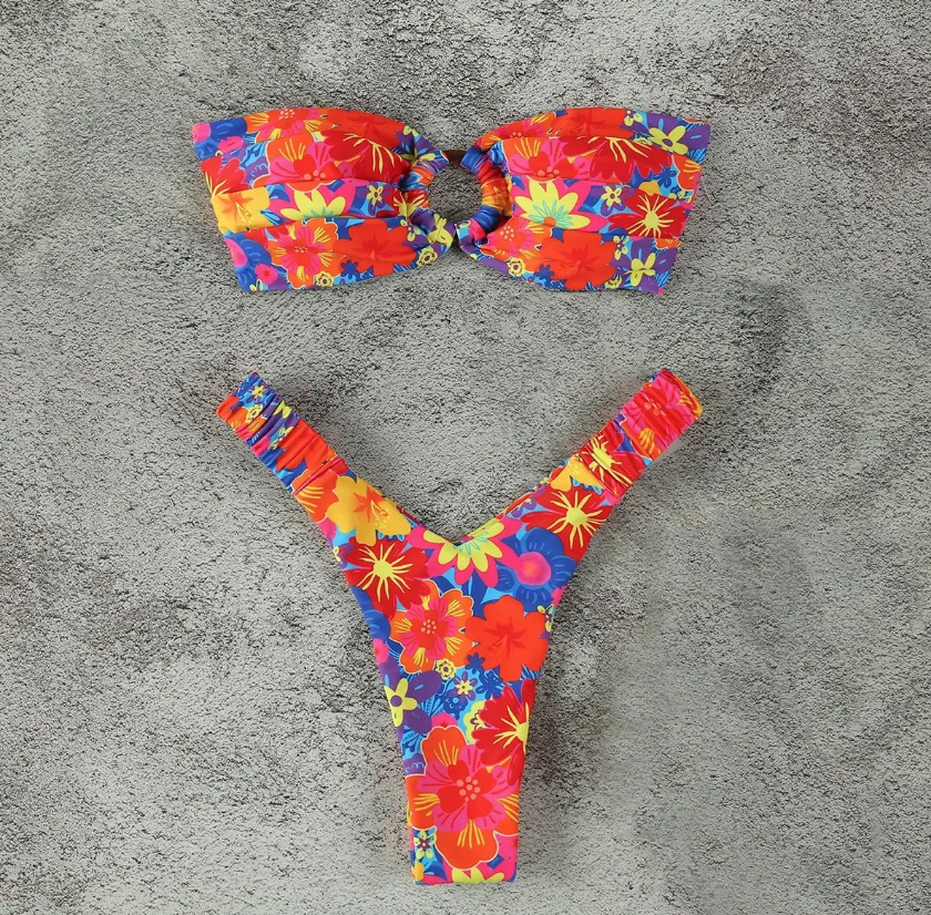 Bandeau Brasilianischer Bikini zum Binden in Rot mit Bunte Blumen