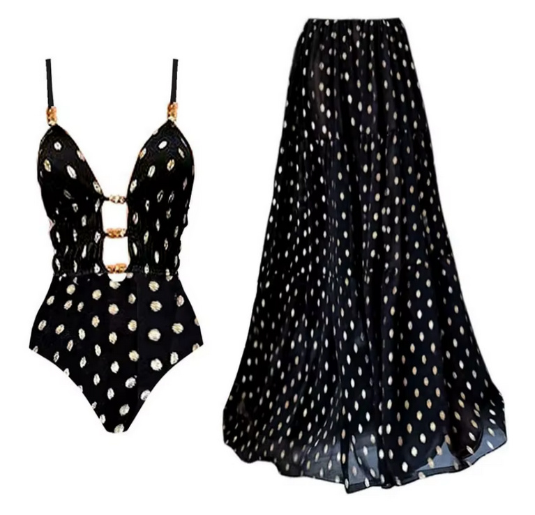 Vintage Style Perlen Badeanzug Set mit Chiffon Rock Schwarz Gepunktet