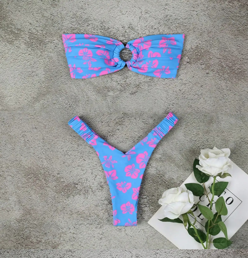 Bandeau Brasilianischer Bikini zum Binden in Blau mit Blumen