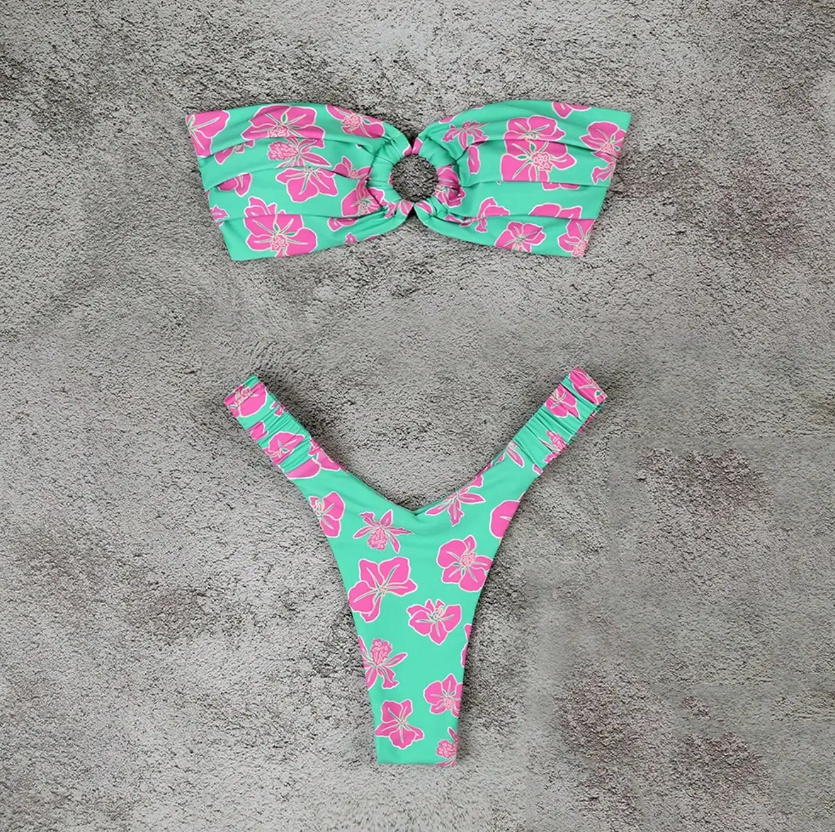 Bandeau Brasilianischer Bikini Zia zum Binden in Grün mit Blumen
