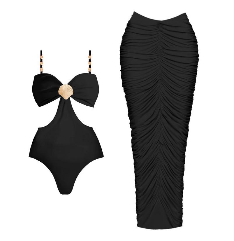 Sexy Badeanzug mit Muschel und Bleistift Rock im Set Schwarz