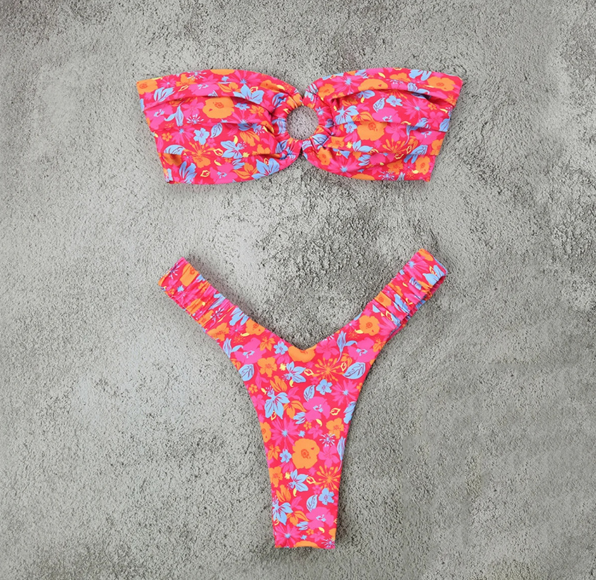 Bandeau Brasilianischer Bikini zum Binden in Pink mit Blumen