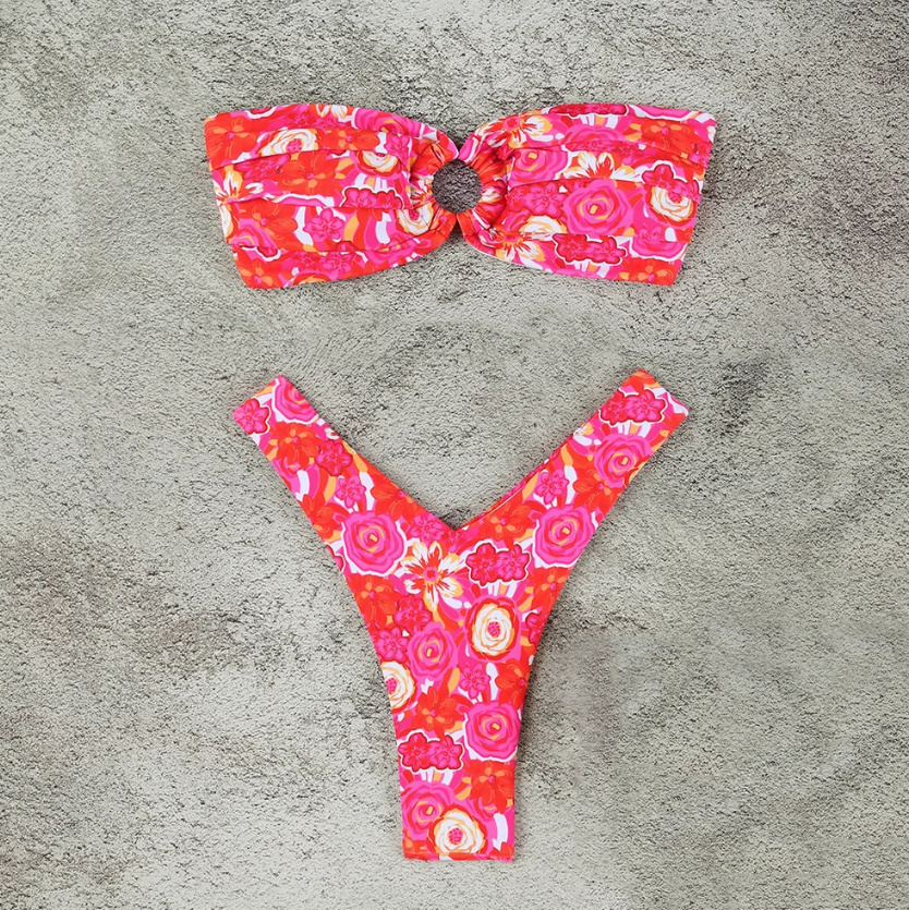 Bandeau Brasilianischer Bikini Zia zum Binden in Rot mit Bunte Blumen