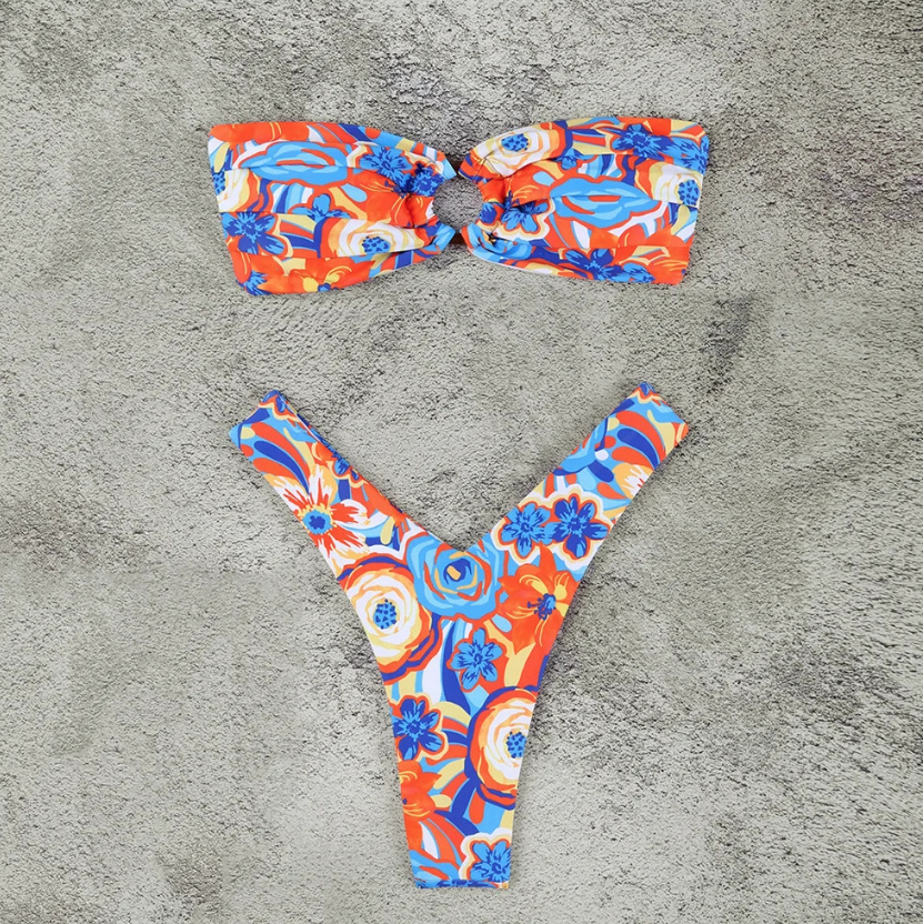 Bandeau Brasilianischer Bikini zum Binden in Bunt mit Blumen