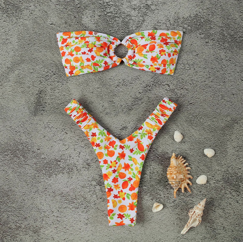 Bandeau Brasilianischer Bikini zum Binden in Weiß mit Blumen