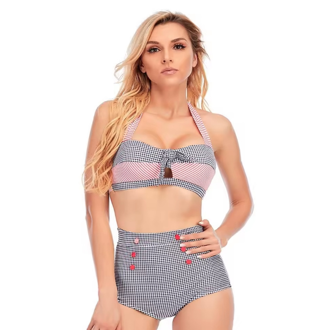Pin Up Style Halterneck Bikini 2025 Selma Schwarz Rot Kariert