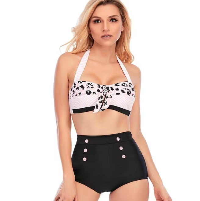 Pin Up Style Halterneck Bikini 2025 Shirley Schwarz mit Muster