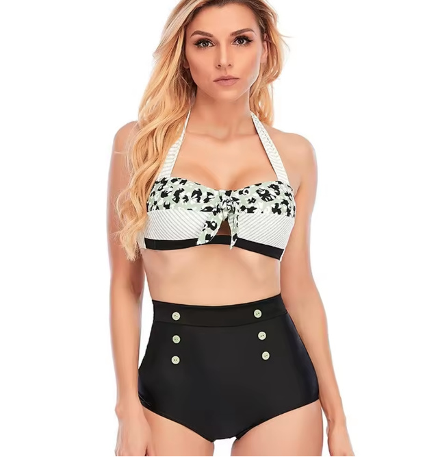Pin Up Style Halterneck Bikini 2025 Simay Schwarz mit Muster