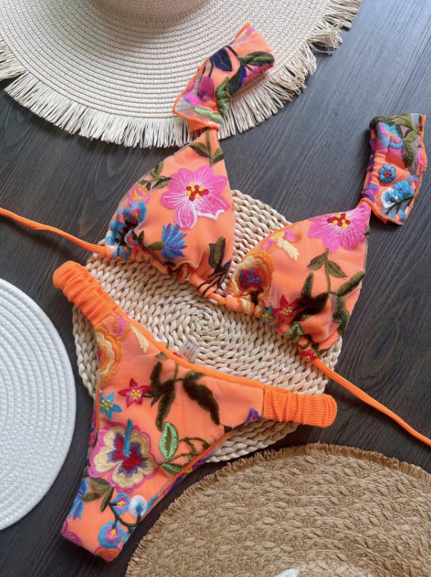 Triangle Bikini 2025 mit Hohe Taille in Orange Bestickt