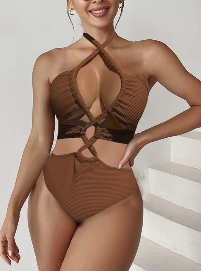 Sexy Neckholder Cut Out Badeanzug 2025 in Braun 