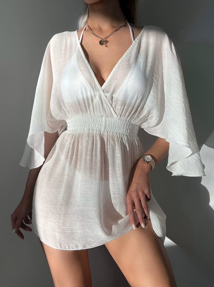 Sexy Mesh Strandkleid 2025 Kurz mit V Ausschnitt in Weiß