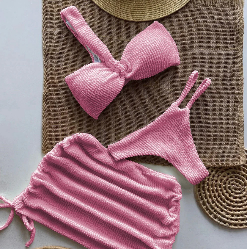 Halterneck Tanga Bikini Set Dreiteilig mit Rock in Rosa