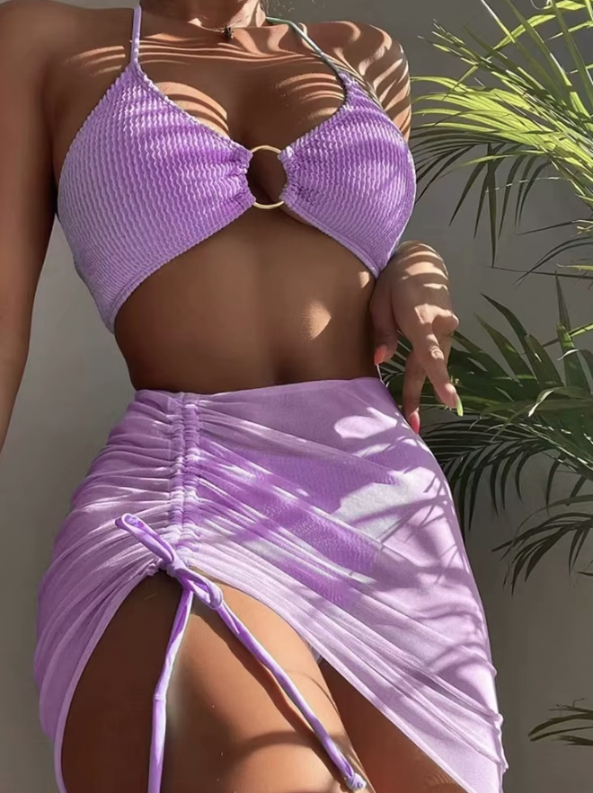 Halterneck Bikini Set 2025 Dreiteilig mit Strand Rock in Lila