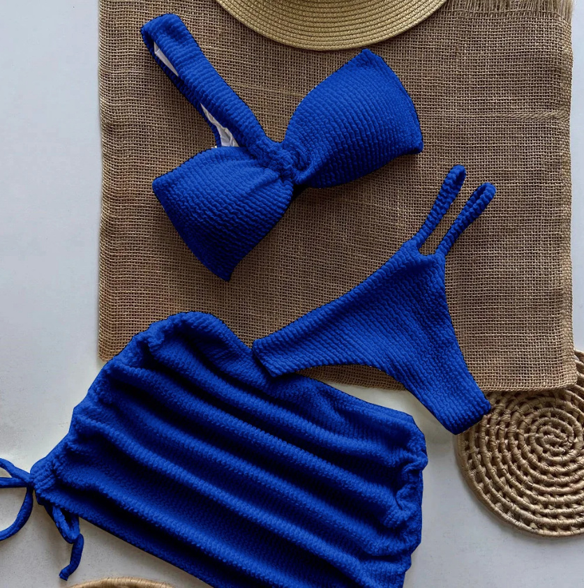 Halterneck Tanga Bikini Set Dreiteilig mit Rock in Dunkelblau