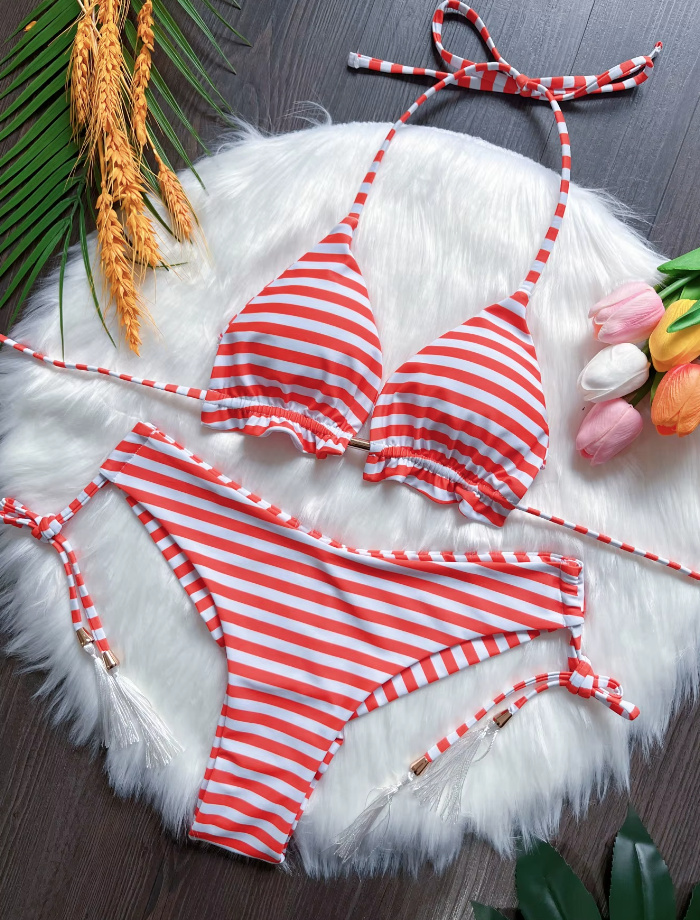 Halterneck Bikini 2025 Rot Weiß Gestreift
