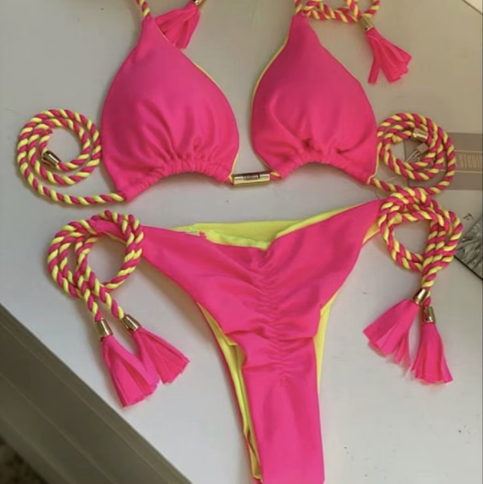 Halterneck Bikini 2025 Sarah mit Hohe Taille Pink Gelb
