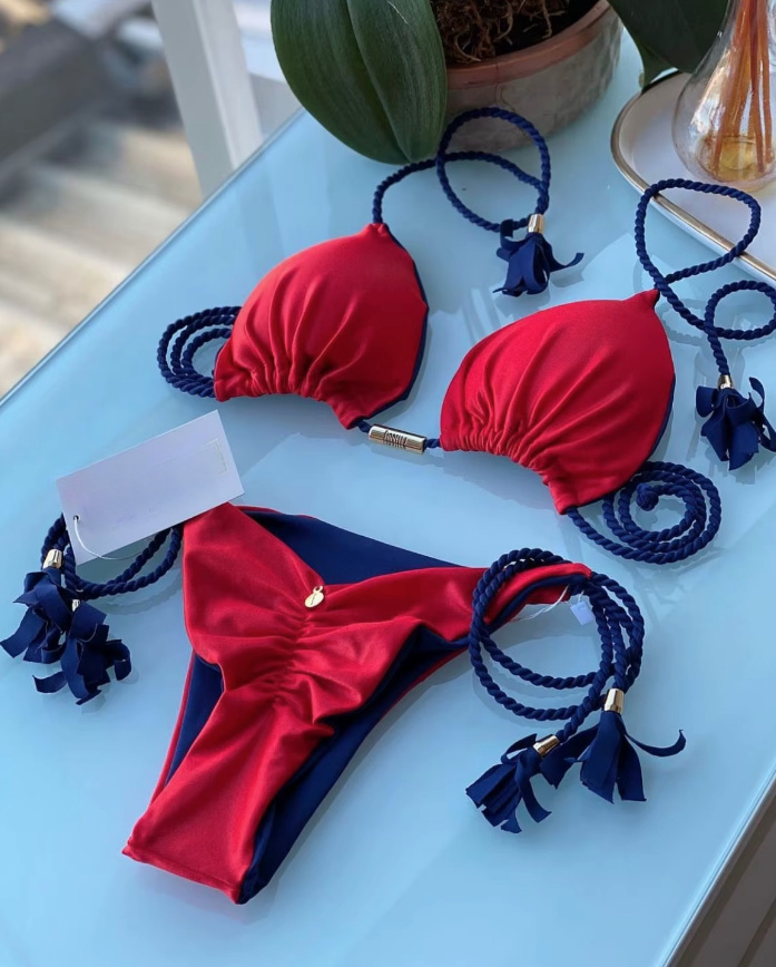 Halterneck Bikini 2025 Sarah mit Hohe Taille Rot Blau