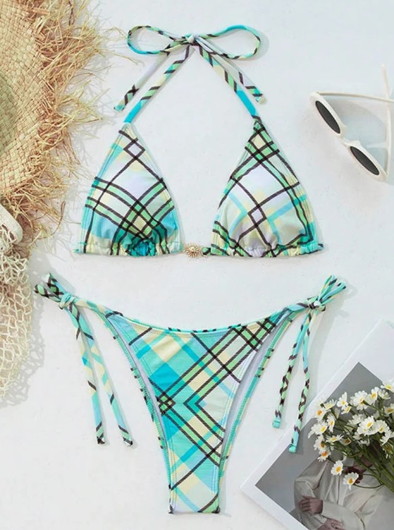 Halterneck Bikini 2025 Grün Kariert zum Binden