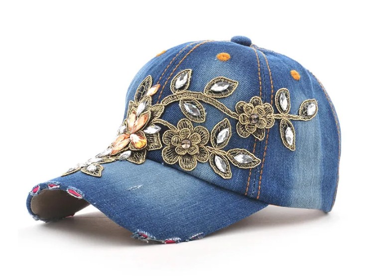 Damen Baseball Cup Sommerhut 2025 Saralena Blau mit 3D Strass Blumen Applikationen 