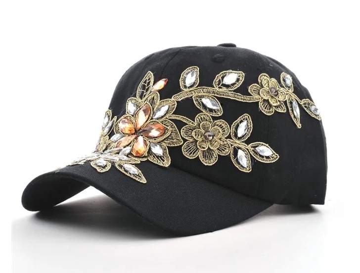 Damen Baseball Cup Sommerhut 2025 Saralena Schwarz mit 3D Strass Blumen Applikationen 