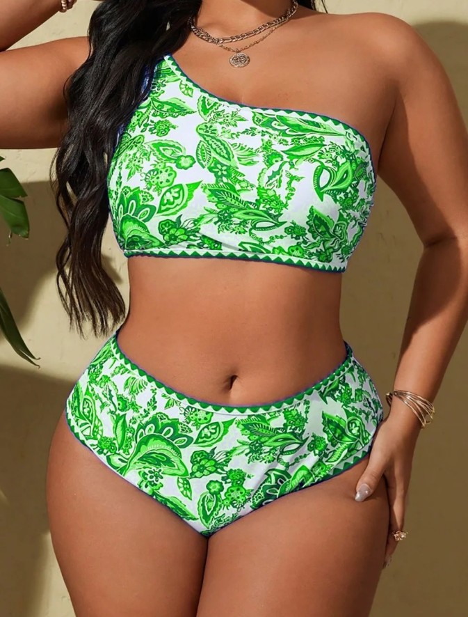 Damen Plus Size One Shoulder Bikini 2025 Grün mit Blumenmuster