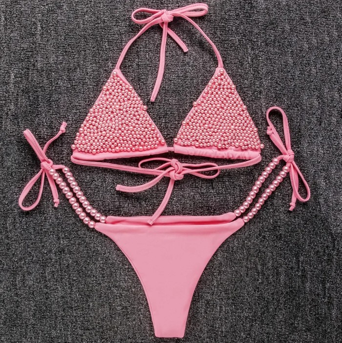  Halterneck Bikini 2025 Sinead mit Hohe Taille und Perlen Zartrosa