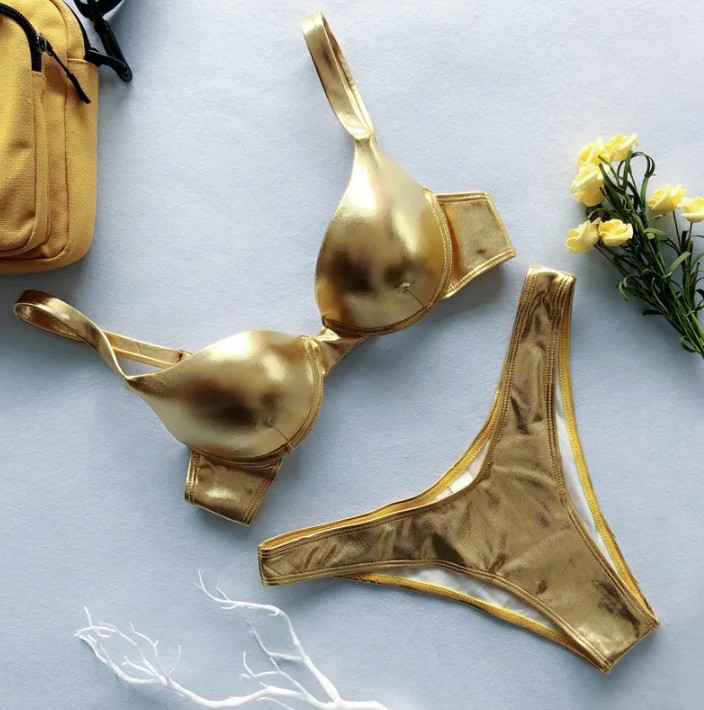  Metallic Look Triangle Bikini 2025 in Gold