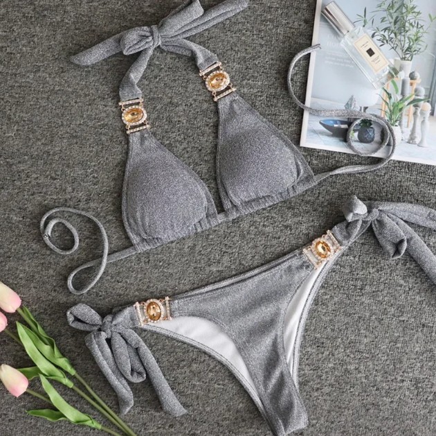  Halterneck Strass Bikini 2025 Sari in Silber