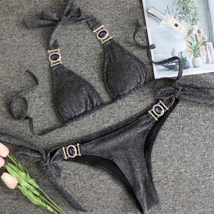  Halterneck Strass Bikini 2025 Sari in Schwarz