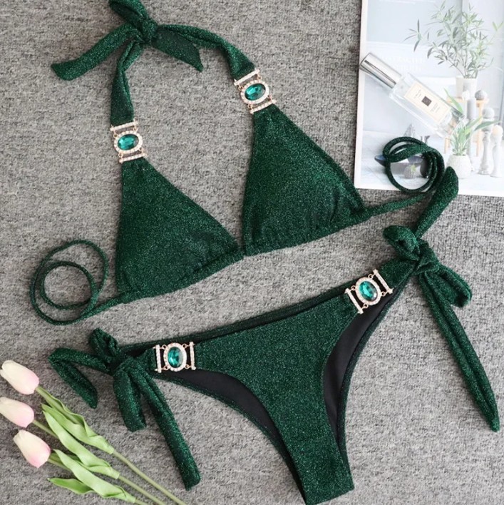  Halterneck Strass Bikini 2025 Sari in Grün