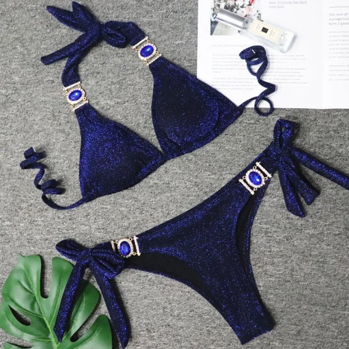  Halterneck Strass Bikini 2025 Sari in Blau