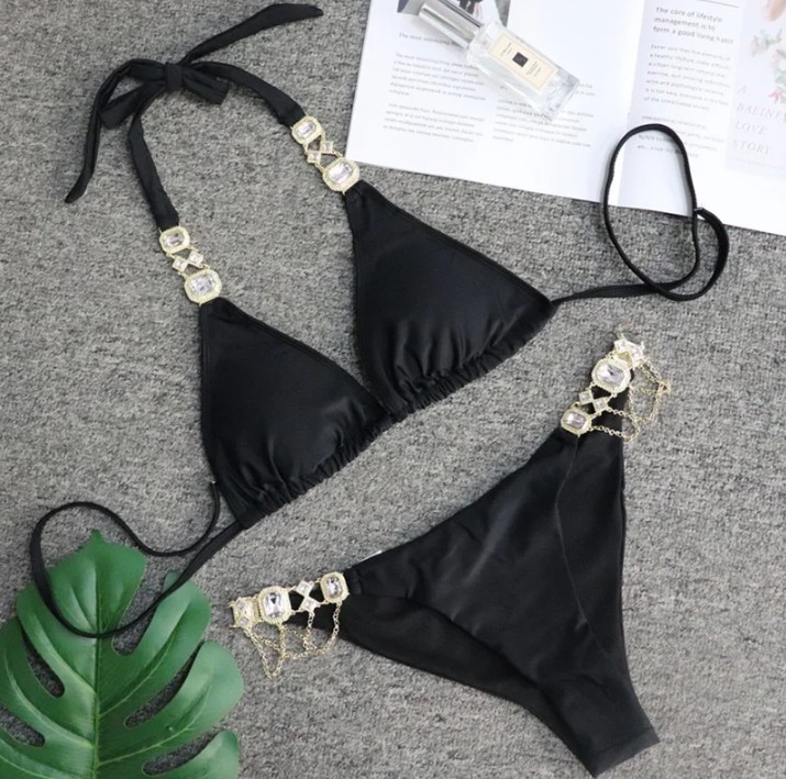  Halterneck Strass Bikini 2025 Sari in Schwarz