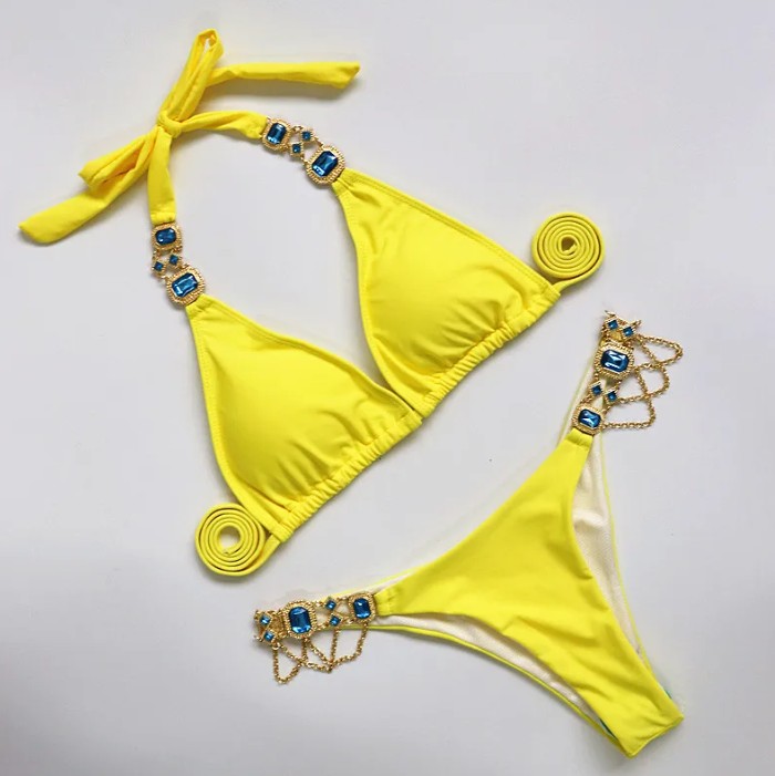  Halterneck Strass Bikini 2025 Sari in Gelb