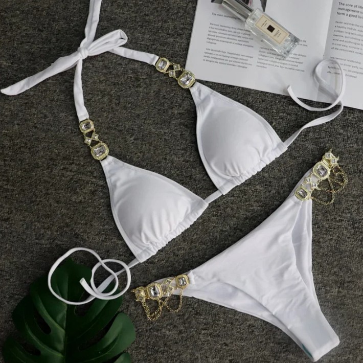  Halterneck Strass Bikini 2025 Sari in Weiß
