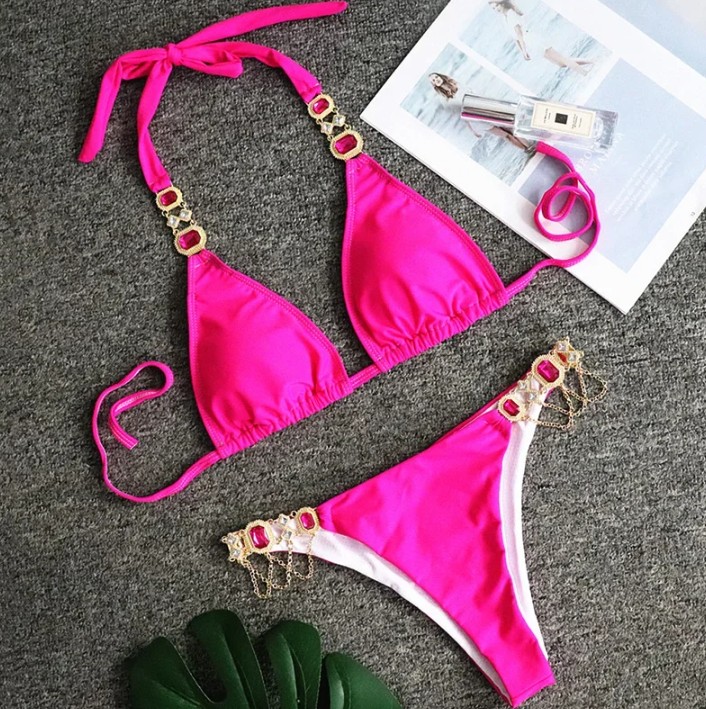  Halterneck Strass Bikini 2025 Sari in Pink