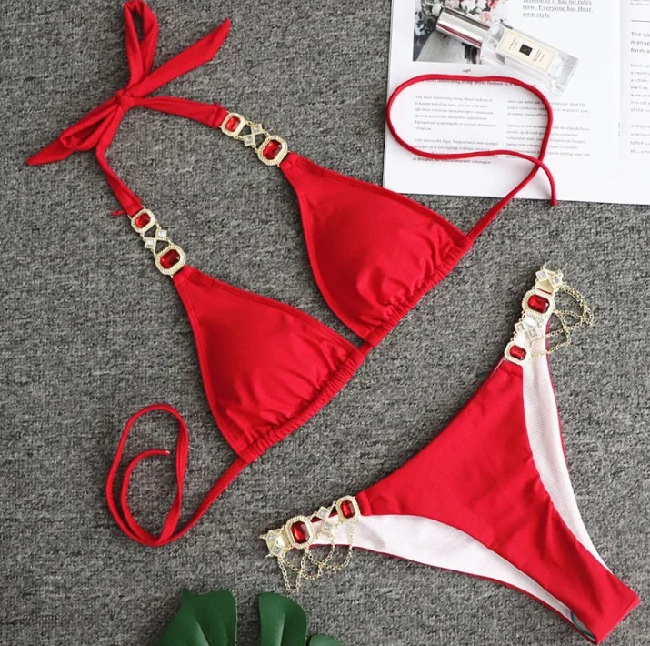  Halterneck Strass Bikini 2025 Sari in Rot