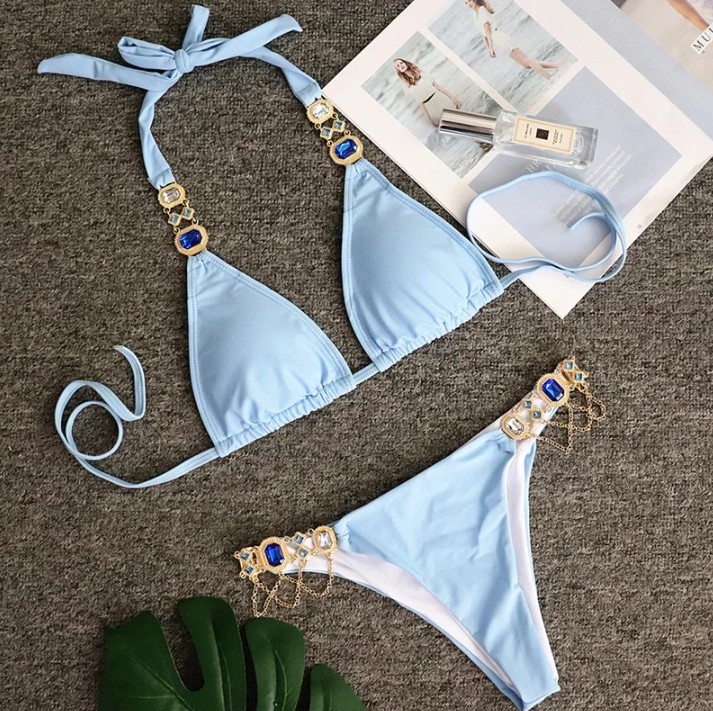  Halterneck Strass Bikini 2025 Sari in Hellblau