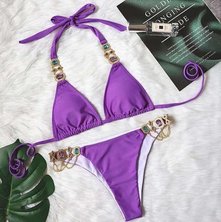  Halterneck Strass Bikini 2025 Sari in Lila