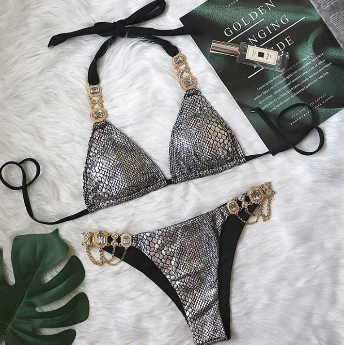  Halterneck Strass Bikini 2025 Sari in Silber mit Schlangenmuster